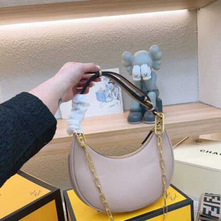 FENDI Patent leather half moon bag Light Pink with chain strap Size: 34*16cm