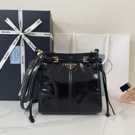 Prada Spazzolato Leather Vertical Bucket Bag (Black)