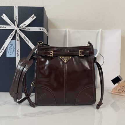 Prada Spazzolato Leather Vertical Bucket Bag (Dark Brown）