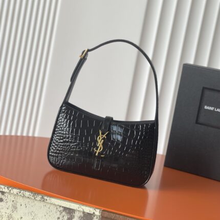 Saint Laurent Le 5 à 7 Hobo Bag in Shiny Crocodile-Embossed Leather (Black)
