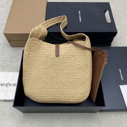 Saint Laurent Raffia Bucket Bag with Leather Strap