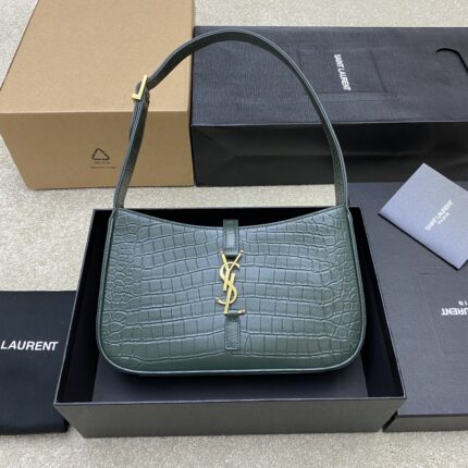 Saint Laurent Le 5 à 7 Hobo Bag in Crocodile-Embossed Leather (Dark Green)