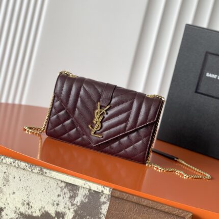 Saint Laurent Envelope Flap Chain Bag (Burgundy, Gold Hardware, Medium)