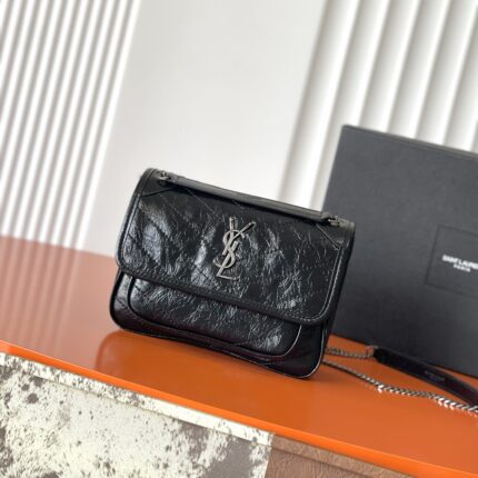 Saint Laurent Niki Medium Crinkled Vintage Leather Chain Bag (Silver Hardware)