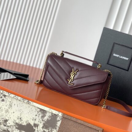 Saint Laurent Loulou Medium Leather Flap Chain Bag (Burgundy, Gold Hardware, Top Handle Version)