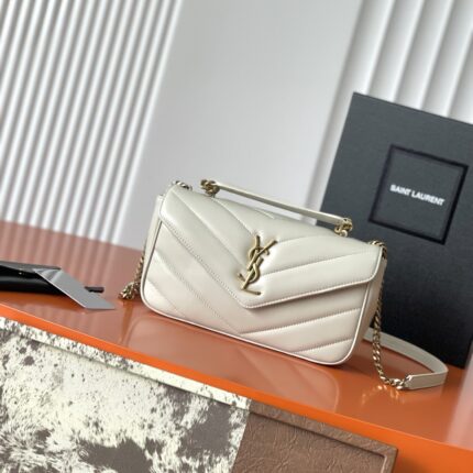 Saint Laurent Loulou Medium Leather Flap Chain Bag (White, Gold Hardware, Top Handle Version)