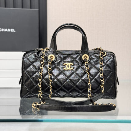 Chanel Black Quilted Patent Leather Bowling Bag / Black Patent Leather Boston Bag