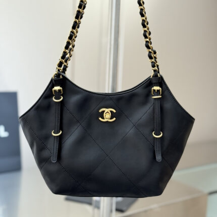 Chanel Black Large Quilted Leather Chain Half-Moon Bag