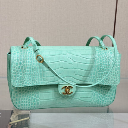 Chanel Mint Green Crocodile-Embossed Leather Long Flap Shoulder Bag