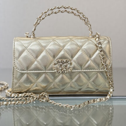 Chanel Champagne Gold  Metallic Leather Quilted Flap Chain Bag