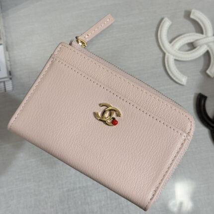 Chanel Sakura Pink  Grained Calfskin Zip Coin Purse  (Gold Hardware, with Red Pearl Detail)