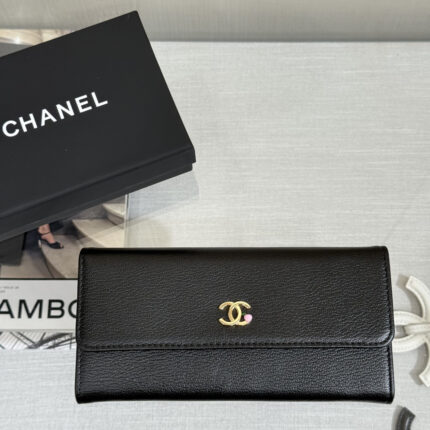 Chanel Black Grained Calfskin Long Flap Wallet / Bifold Wallet (Gold Hardware, with Pink Pearl Detail)