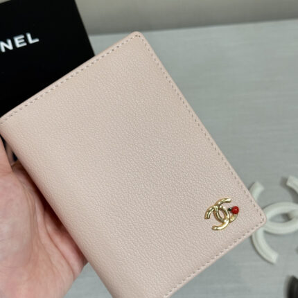 Chanel Sakura Pink / Light Pink Grained Calfskin Passport Cover / Bi-fold Cardholder (Gold Hardware, with Red Pearl Detail)