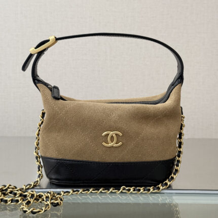 Chanel Camel Suede & Black Leather Quilted Chain Shoulder Bag / Half-Moon Hobo Bag